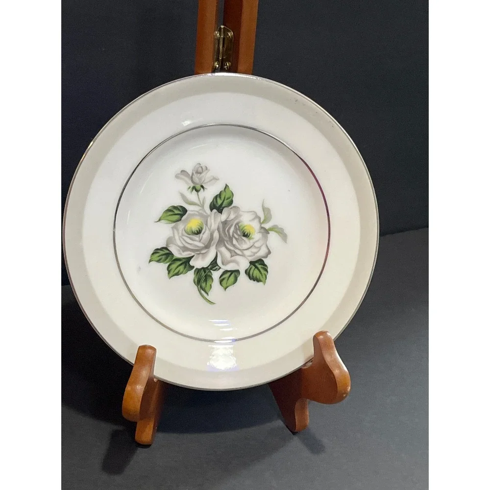 Gold Coast China First Love Bread Butter Plate White Rose Silver Rim Japan 6.5in
